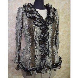 Pretty Angel Animal Snake Print Silk Ruffle Blouse Sheer Womens Sz L Peplum